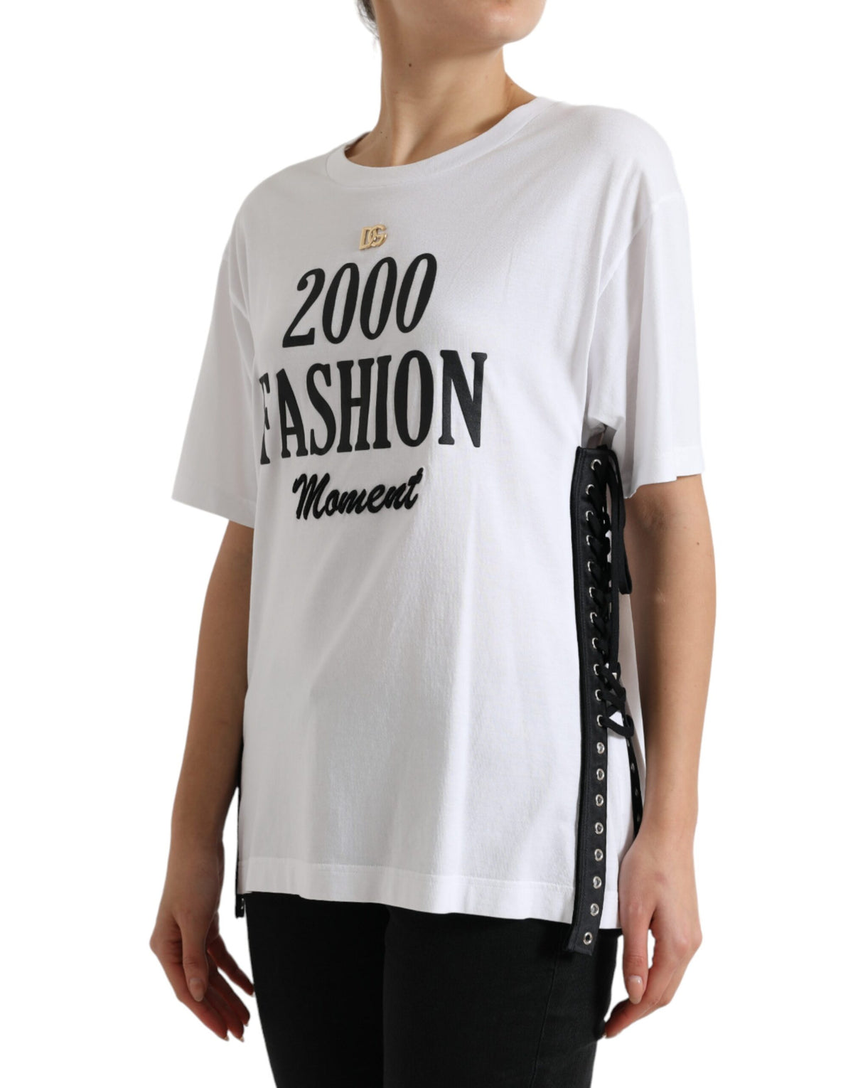 Dolce & Gabbana Weißes T-Shirt mit Slogandruck und Schnürung