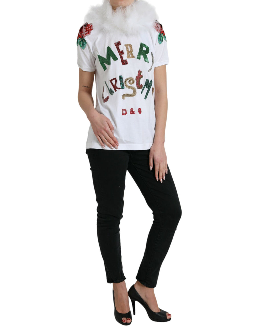 Dolce & Gabbana White Cotton Sequin Fur Christmas T-Shirt