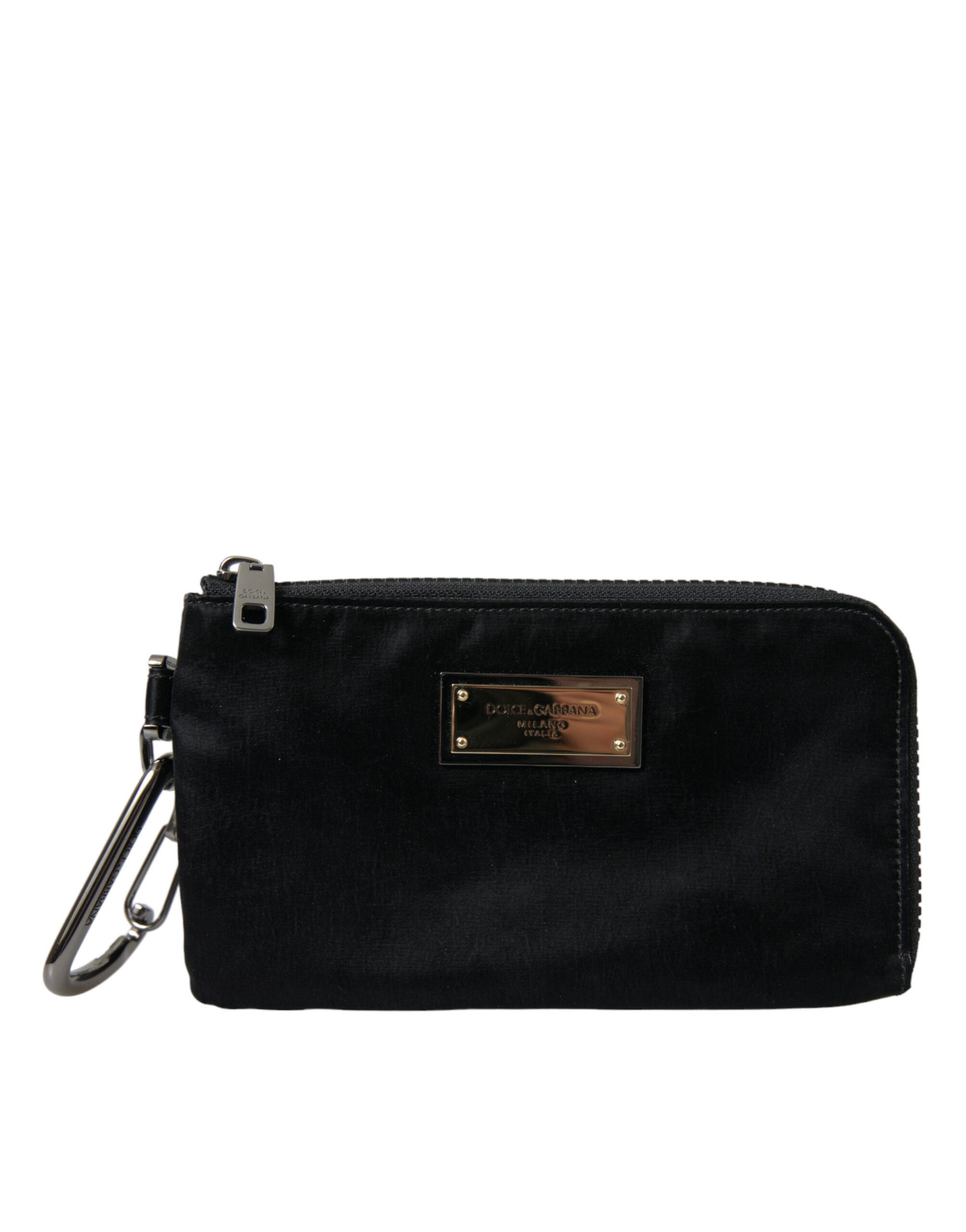 Dolce & Gabbana Schwarzes Nylon Logo Plaque Schlüsselanhänger Beutel Clutch Taschen