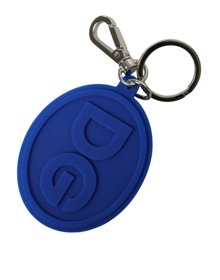 Dolce & Gabbana Blue Rubber DG Logo Silver Brass Metal Keychain Keyring