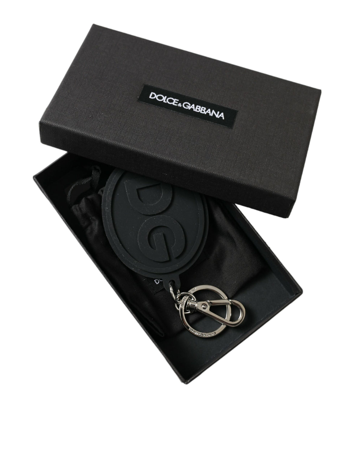Dolce & Gabbana Schwarzer Gummi DG Logo Silber Messing Metall Schlüsselring Schlüsselanhänger