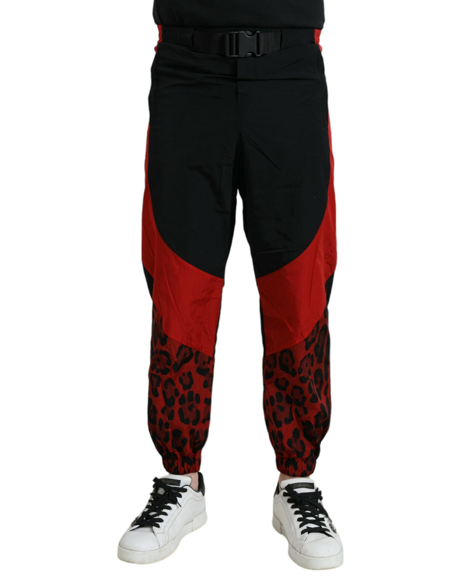 Dolce & Gabbana Black and Red Leopard Print Nylon Jogger Pants