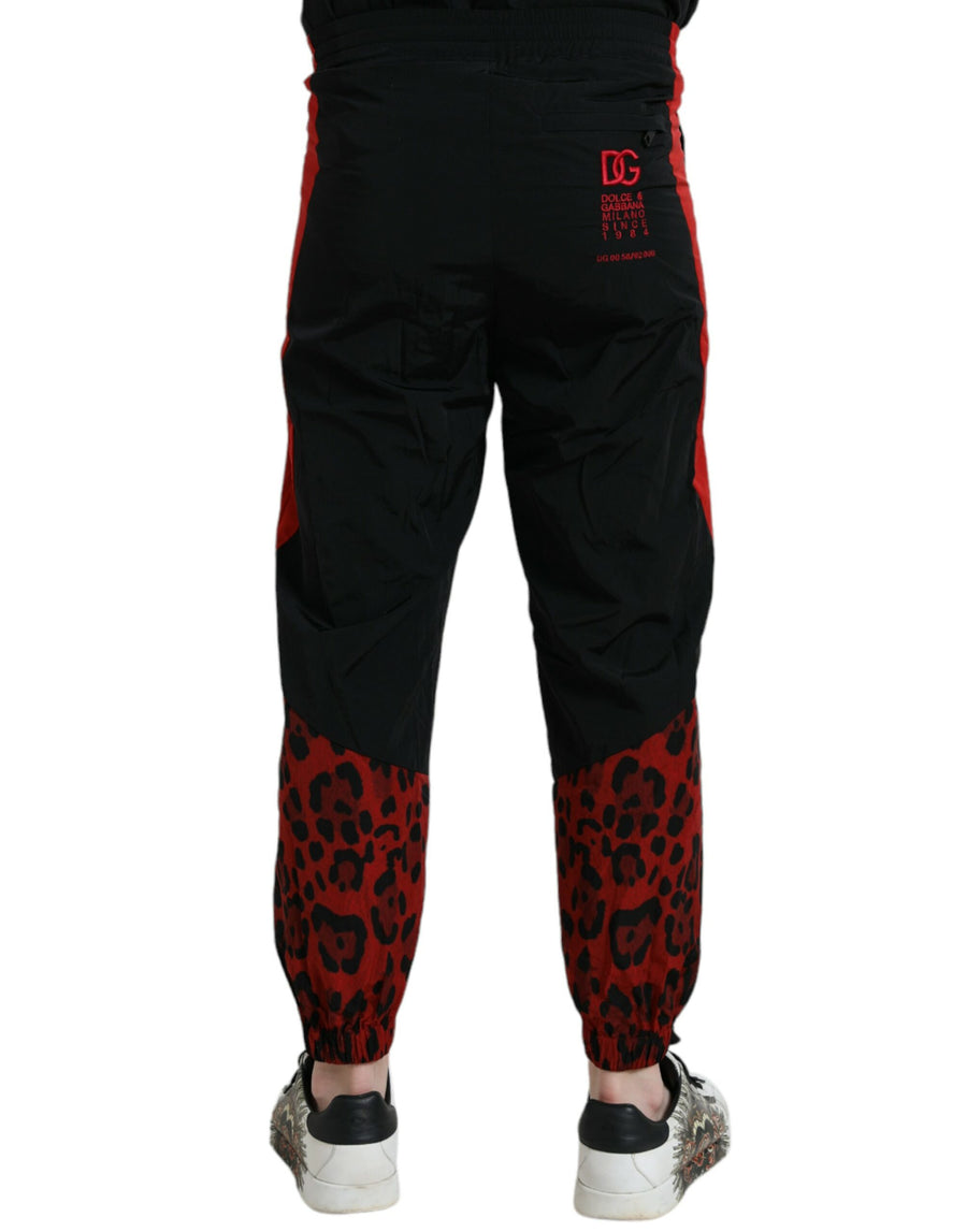 Dolce & Gabbana Black and Red Leopard Print Nylon Jogger Pants