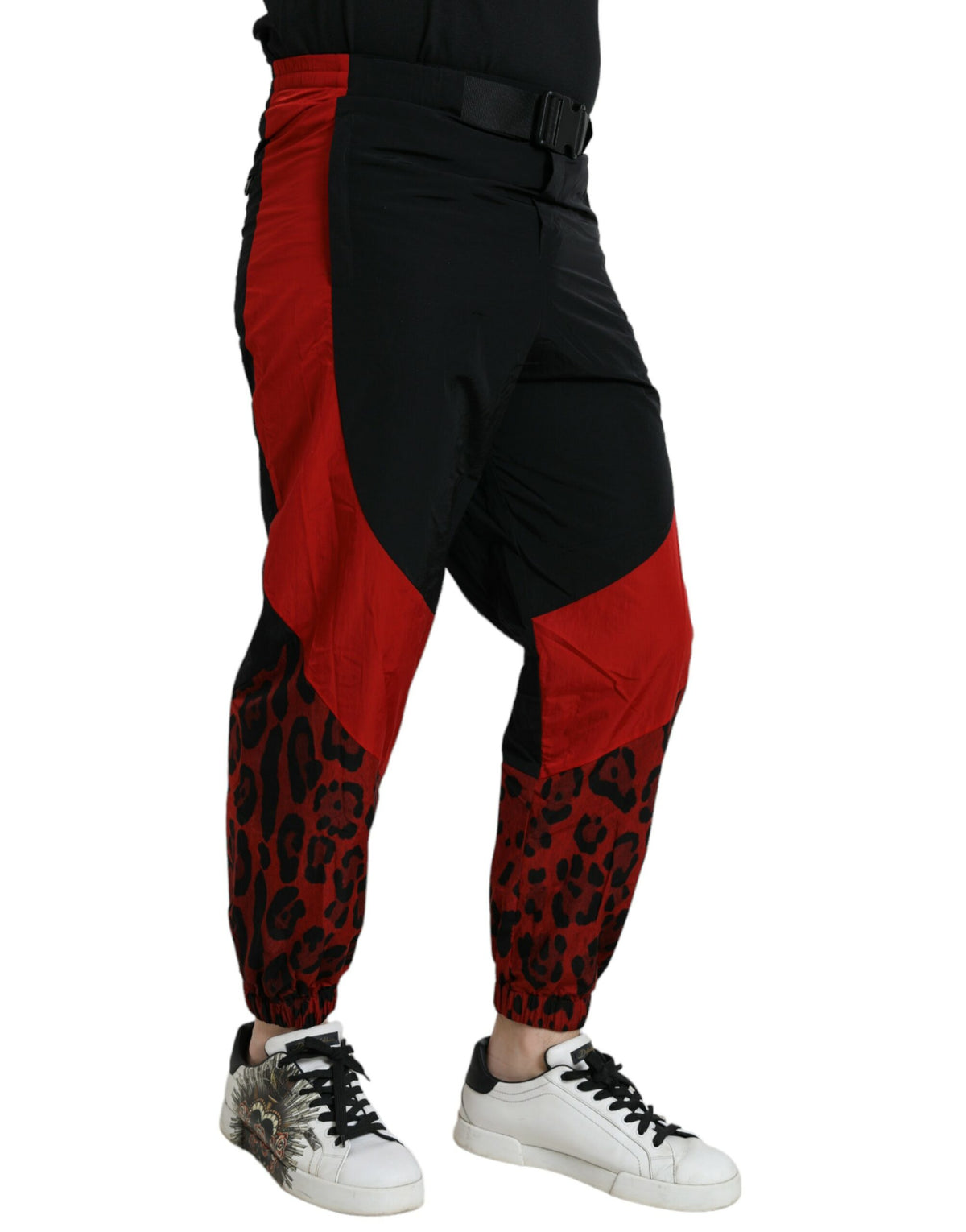 Dolce & Gabbana Black and Red Leopard Print Nylon Jogger Pants