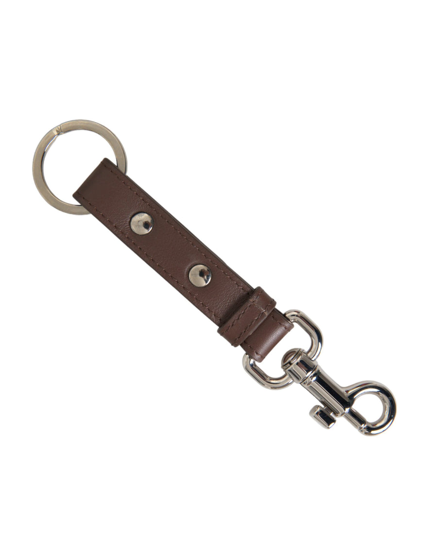 Dolce & Gabbana Brown Plain Leather Silver Brass Keyring Keychain