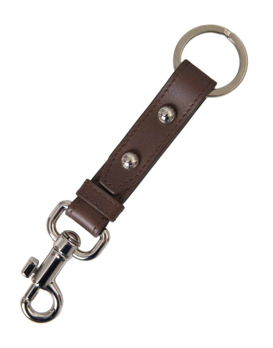 Dolce & Gabbana Brown Plain Leather Silver Brass Keyring Keychain