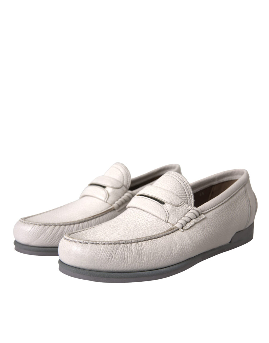 Dolce & Gabbana White Grey Leather Slip Moccasin Shoes Loafers