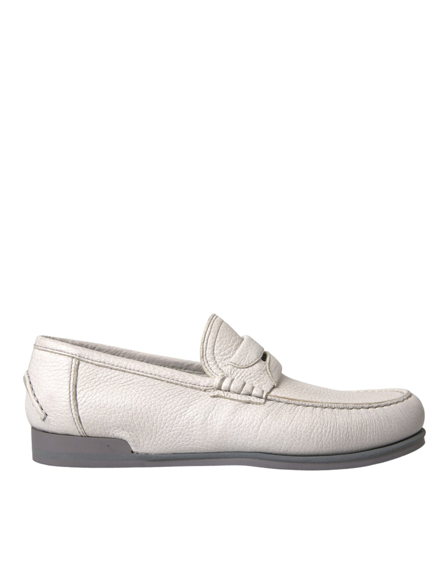 Dolce & Gabbana White Grey Leather Slip Moccasin Shoes Loafers