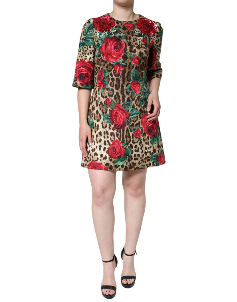Dolce & Gabbana Brown Leopard Cotton A-Line Dress with Red Roses