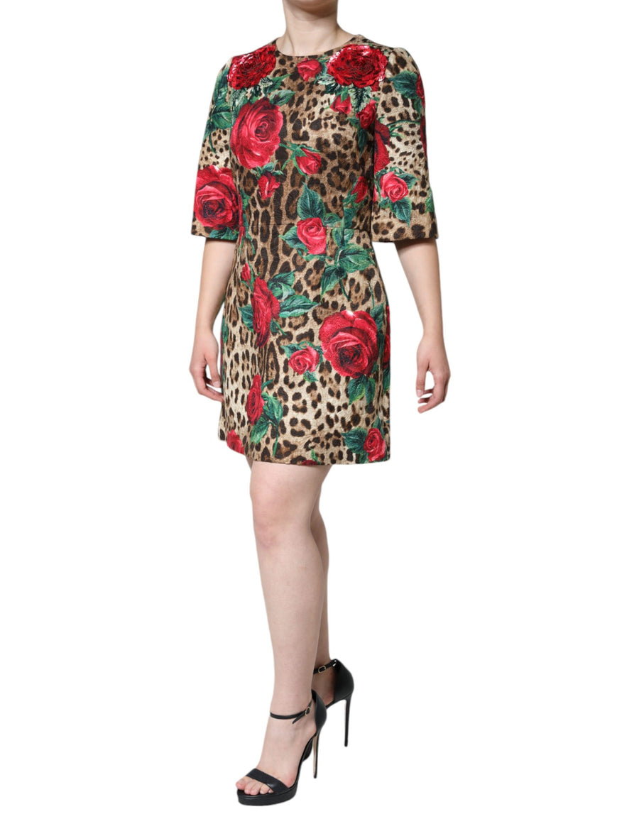 Dolce & Gabbana Brown Leopard Cotton A-Line Dress with Red Roses