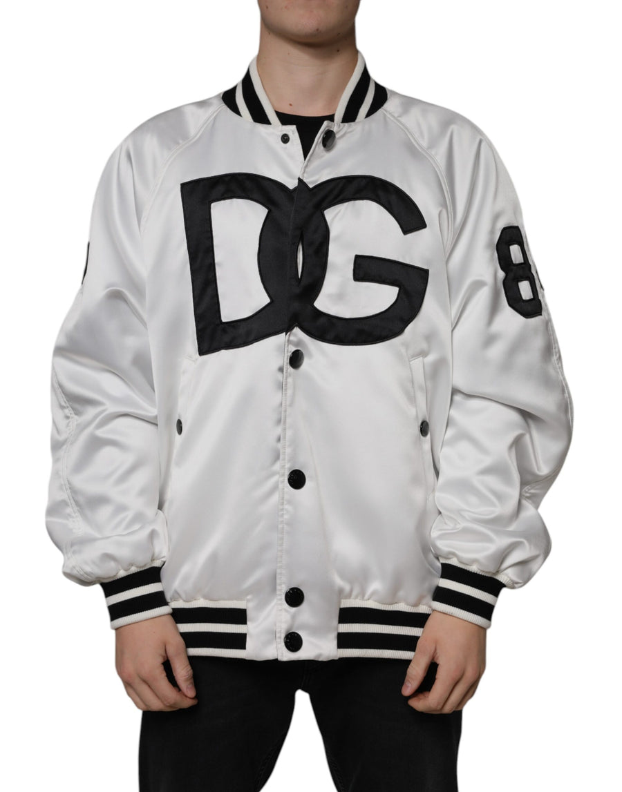 Dolce & Gabbana White Polyester Logo Full-Zip Bomber Jacket