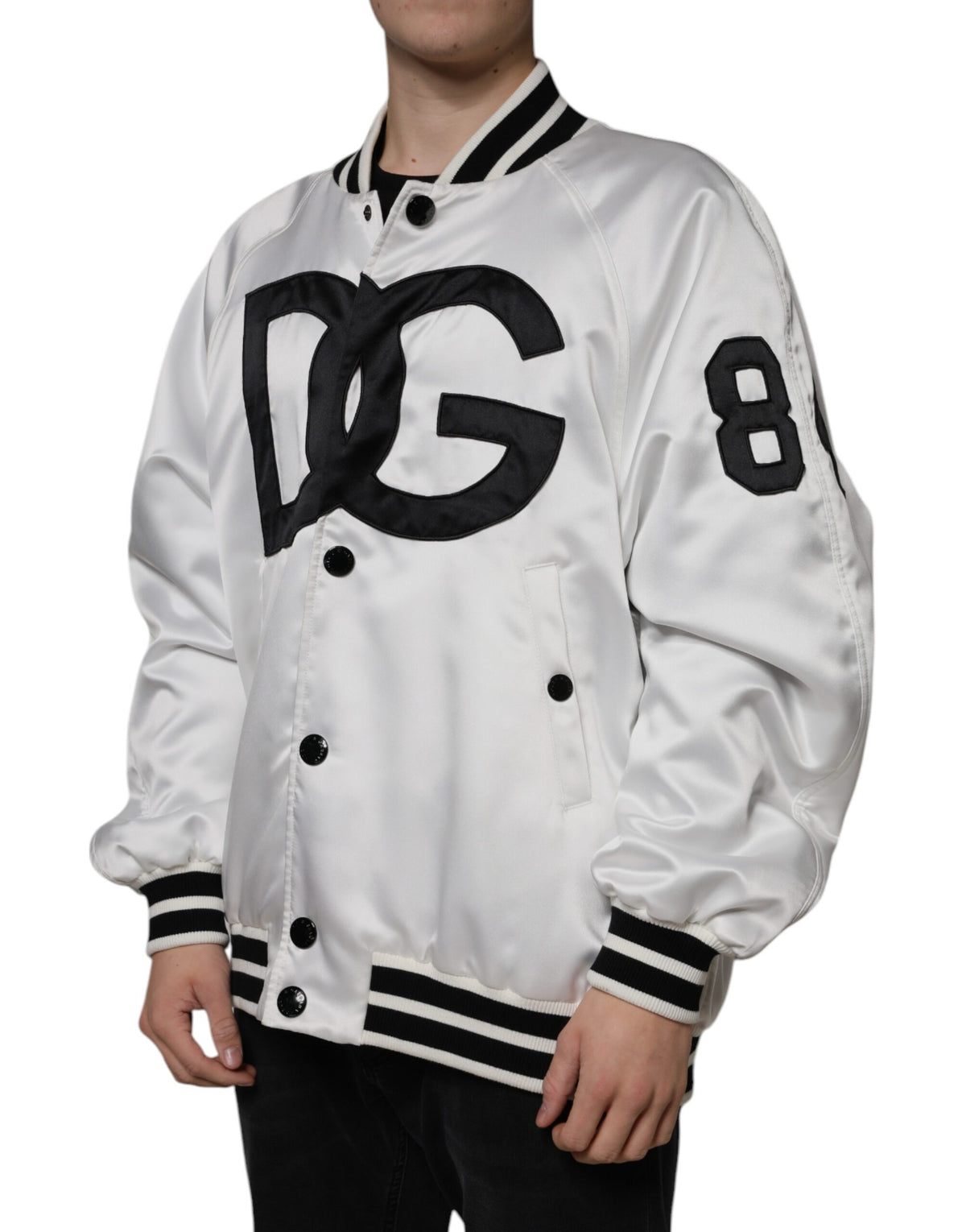 Dolce & Gabbana White Polyester Logo Full-Zip Bomber Jacket