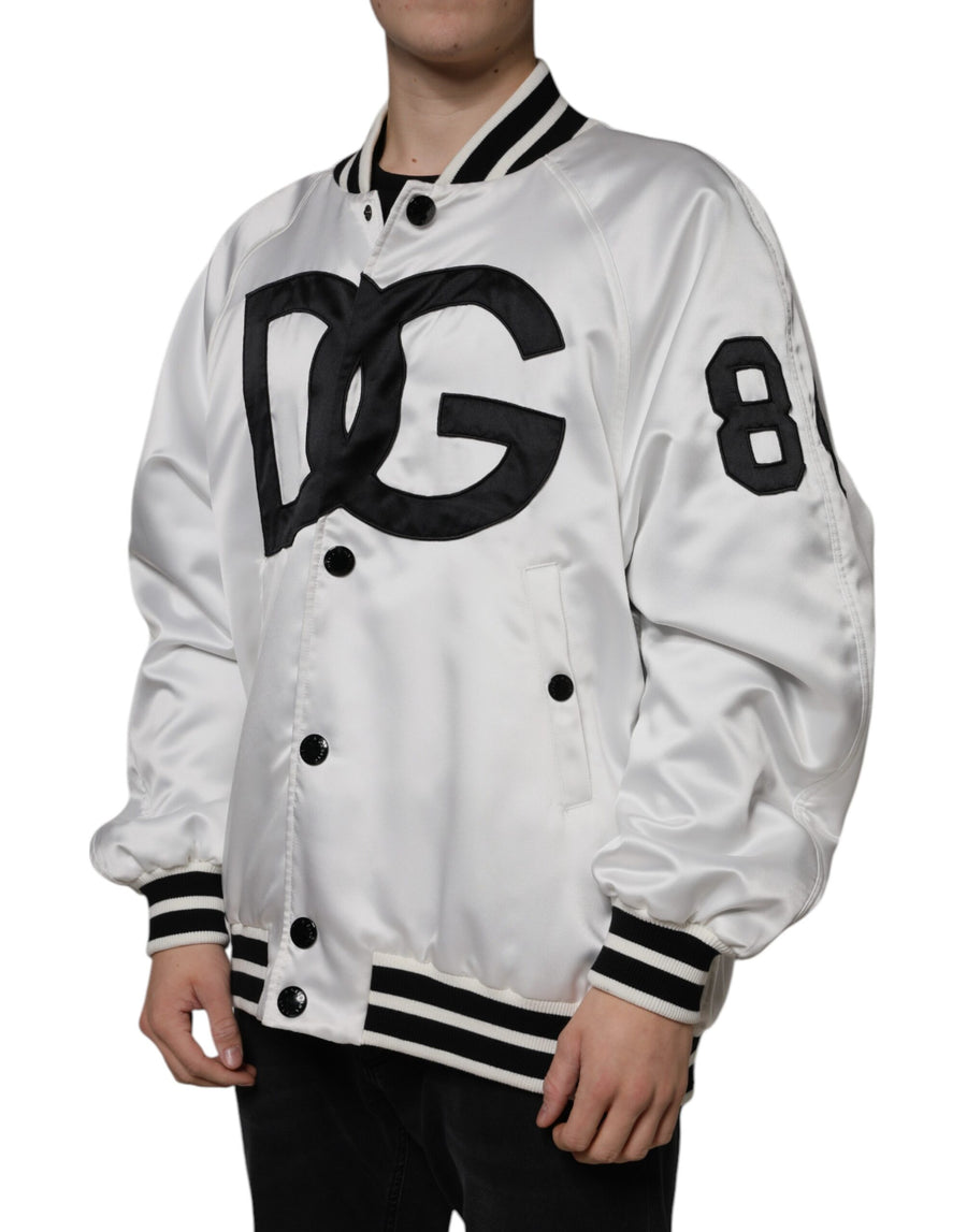Dolce & Gabbana White Polyester Logo Full-Zip Bomber Jacket