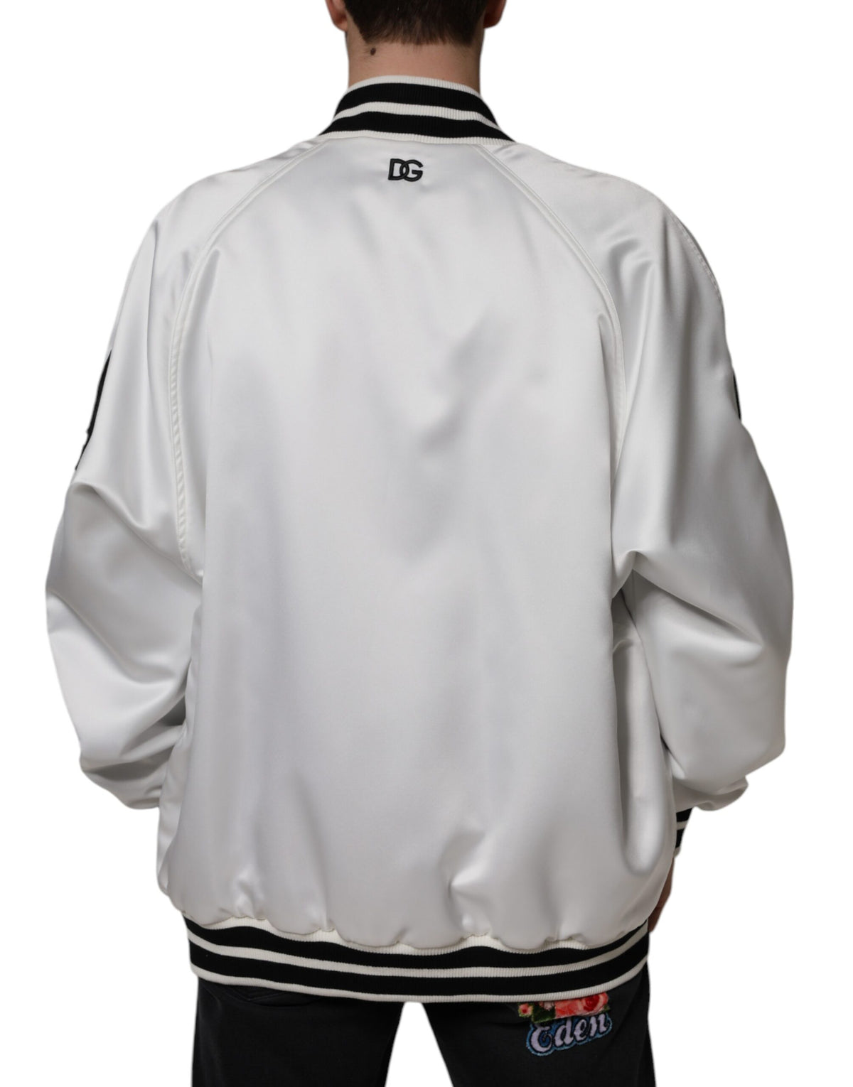 Dolce & Gabbana White Polyester Logo Full-Zip Bomber Jacket