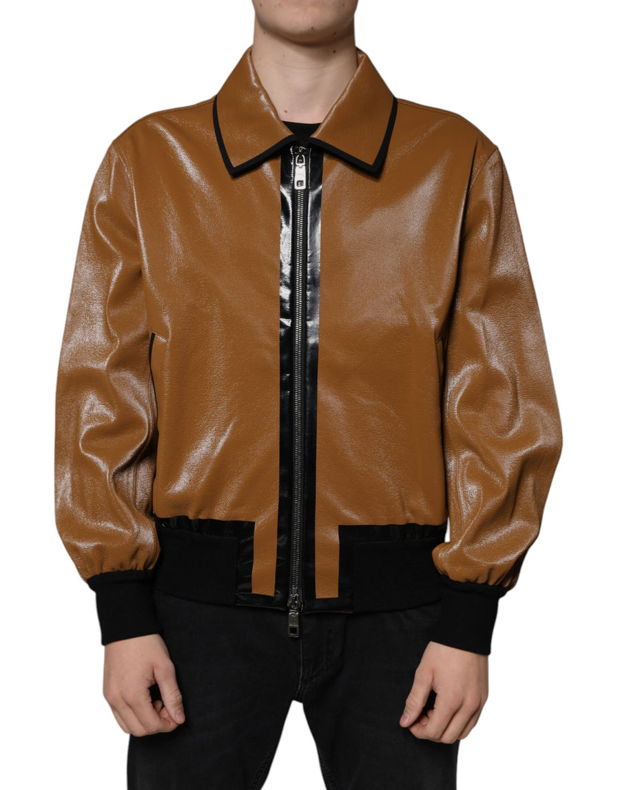 Dolce & Gabbana Men's Brown Leather Zip Bomber Jacket