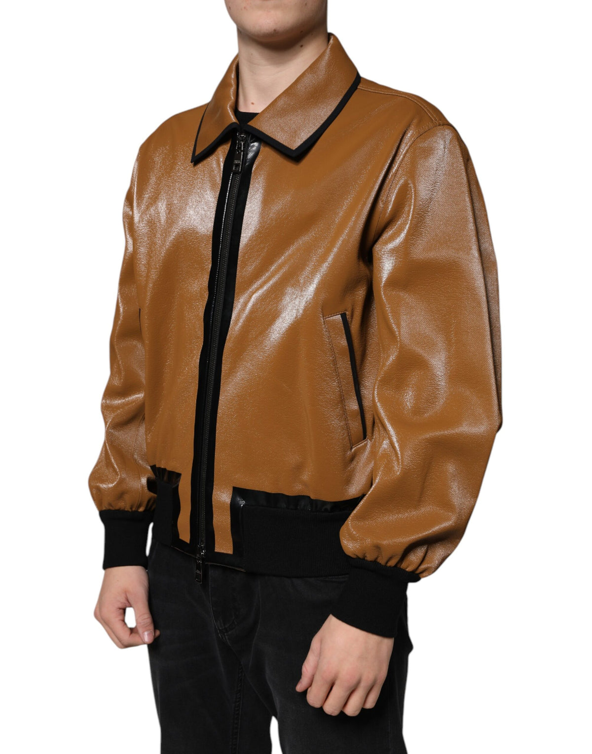 Dolce & Gabbana Men's Brown Leather Zip Bomber Jacket