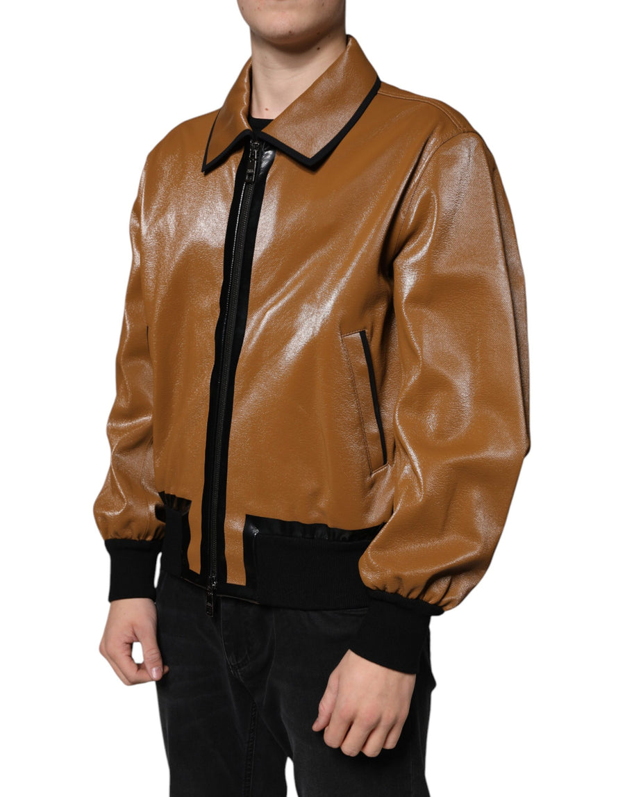 Dolce & Gabbana Men's Brown Leather Zip Bomber Jacket
