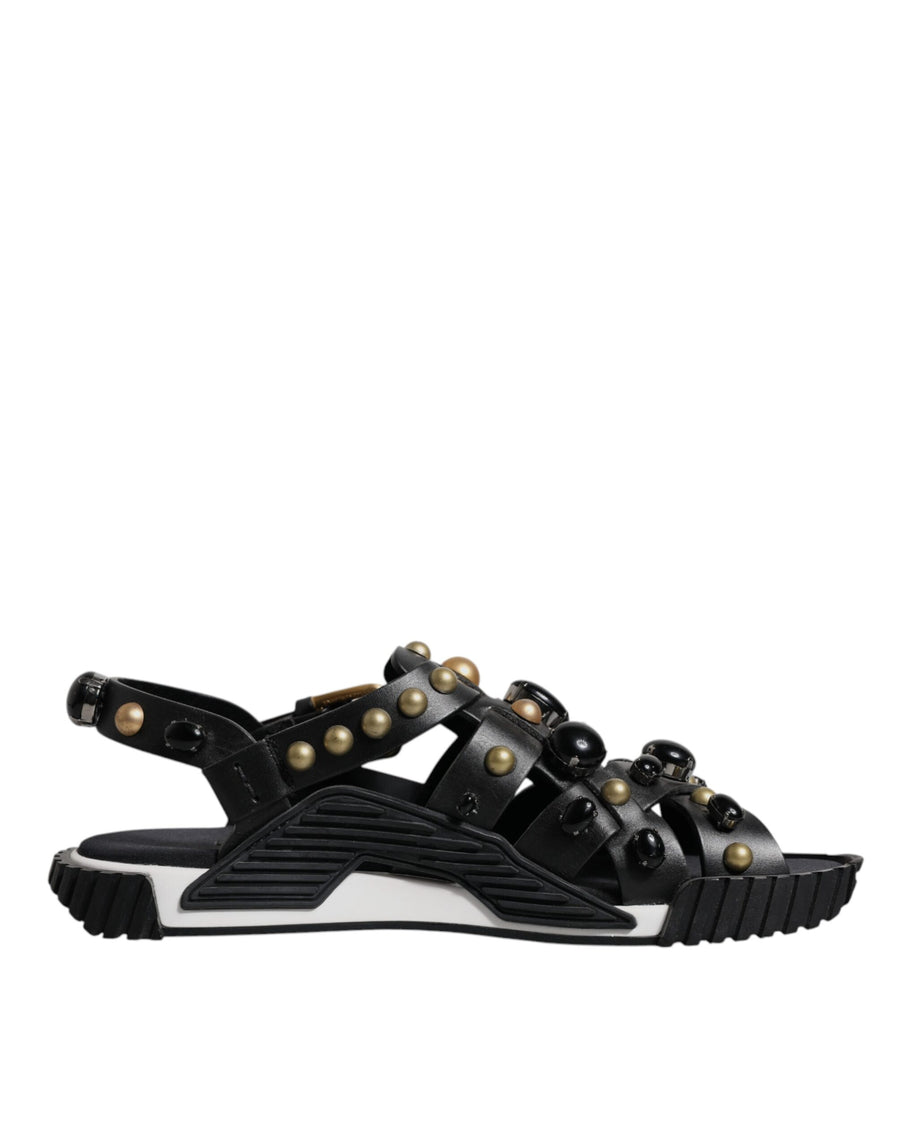 Dolce & Gabbana Black Leather Studded Sandals Shoes