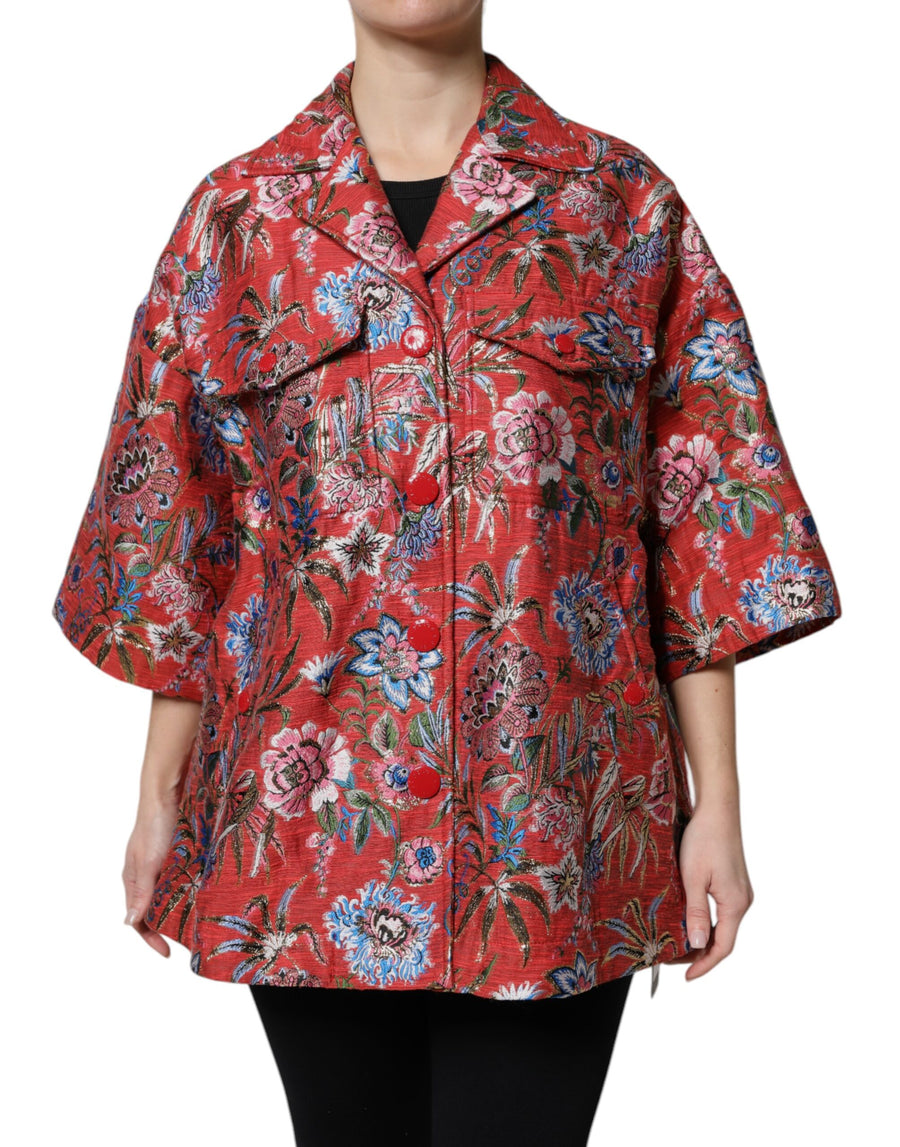 Dolce & Gabbana Red Floral Jacquard Single-Breasted Coat Jacket