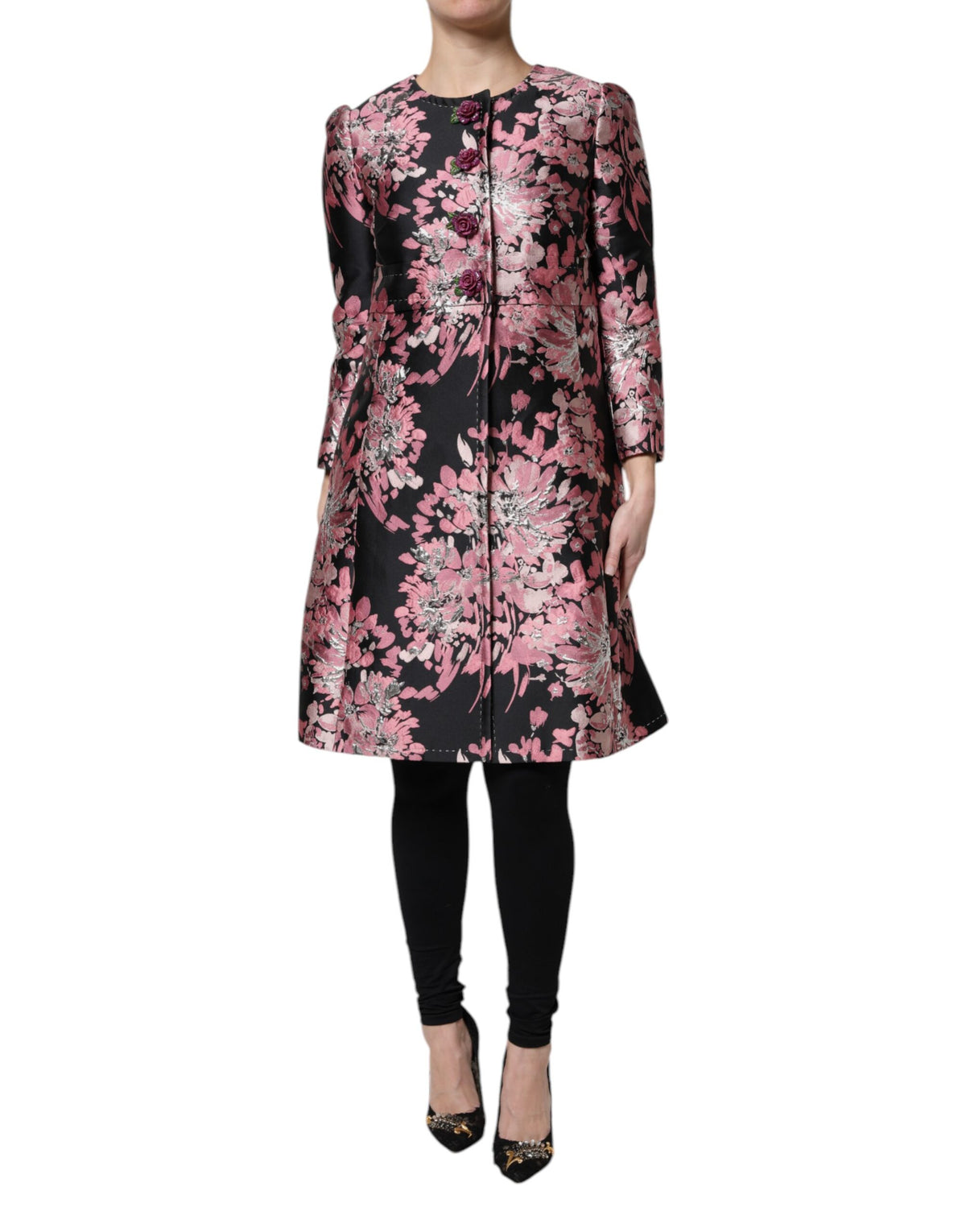 Dolce & Gabbana Pink Black Floral Brocade Trench Coat Jacket