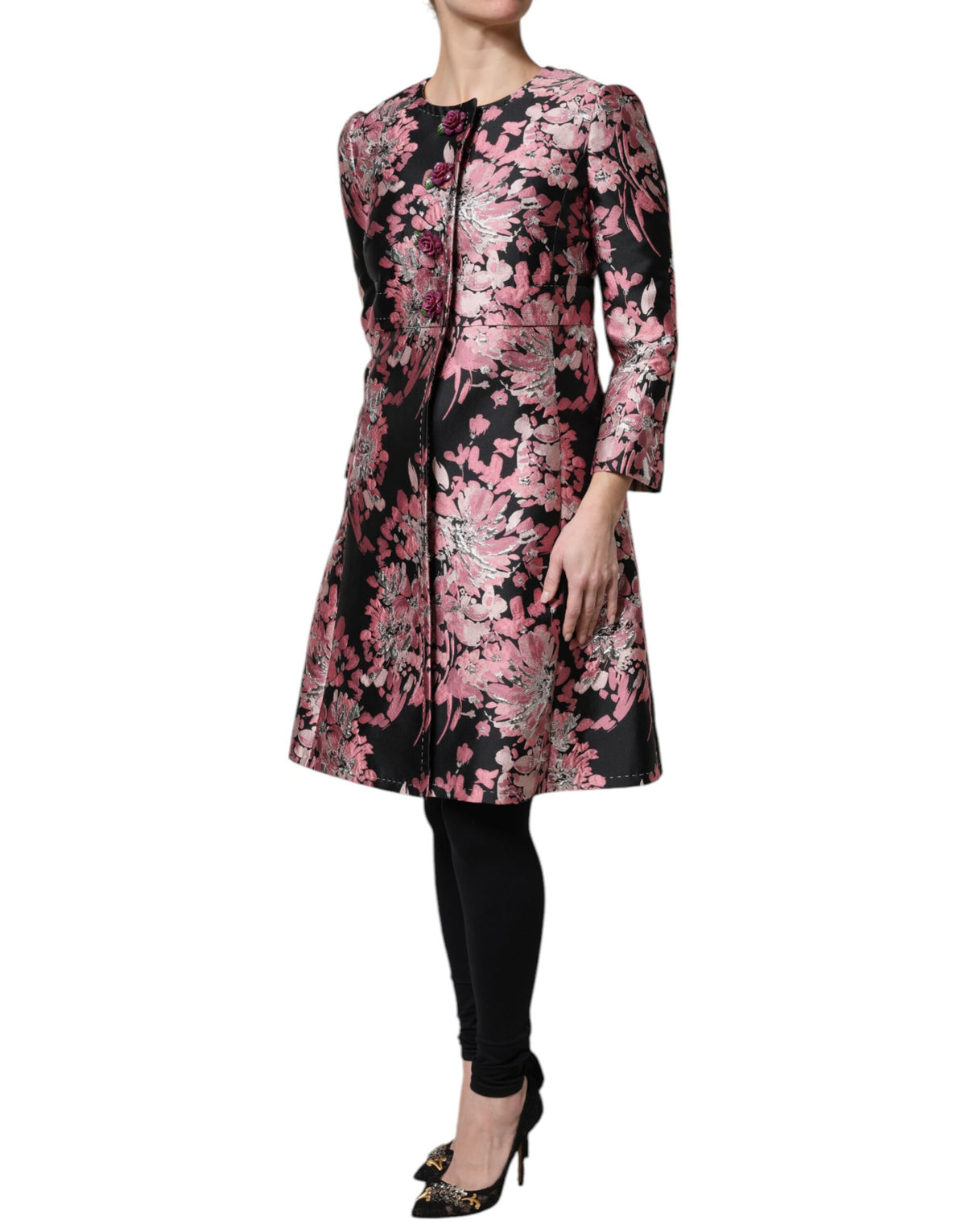 Dolce & Gabbana Pink Black Floral Brocade Trench Coat Jacket