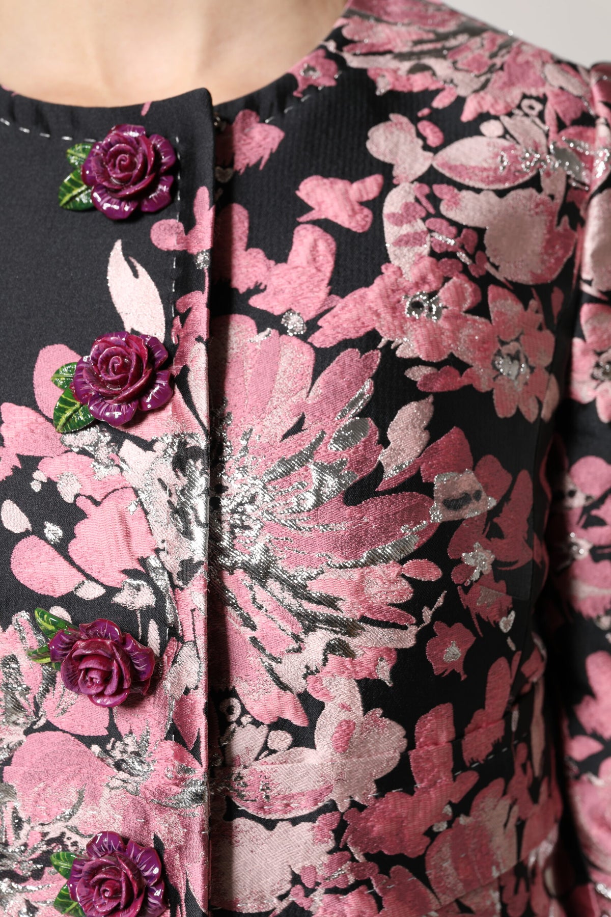 Dolce & Gabbana Pink Black Floral Brocade Trench Coat Jacket