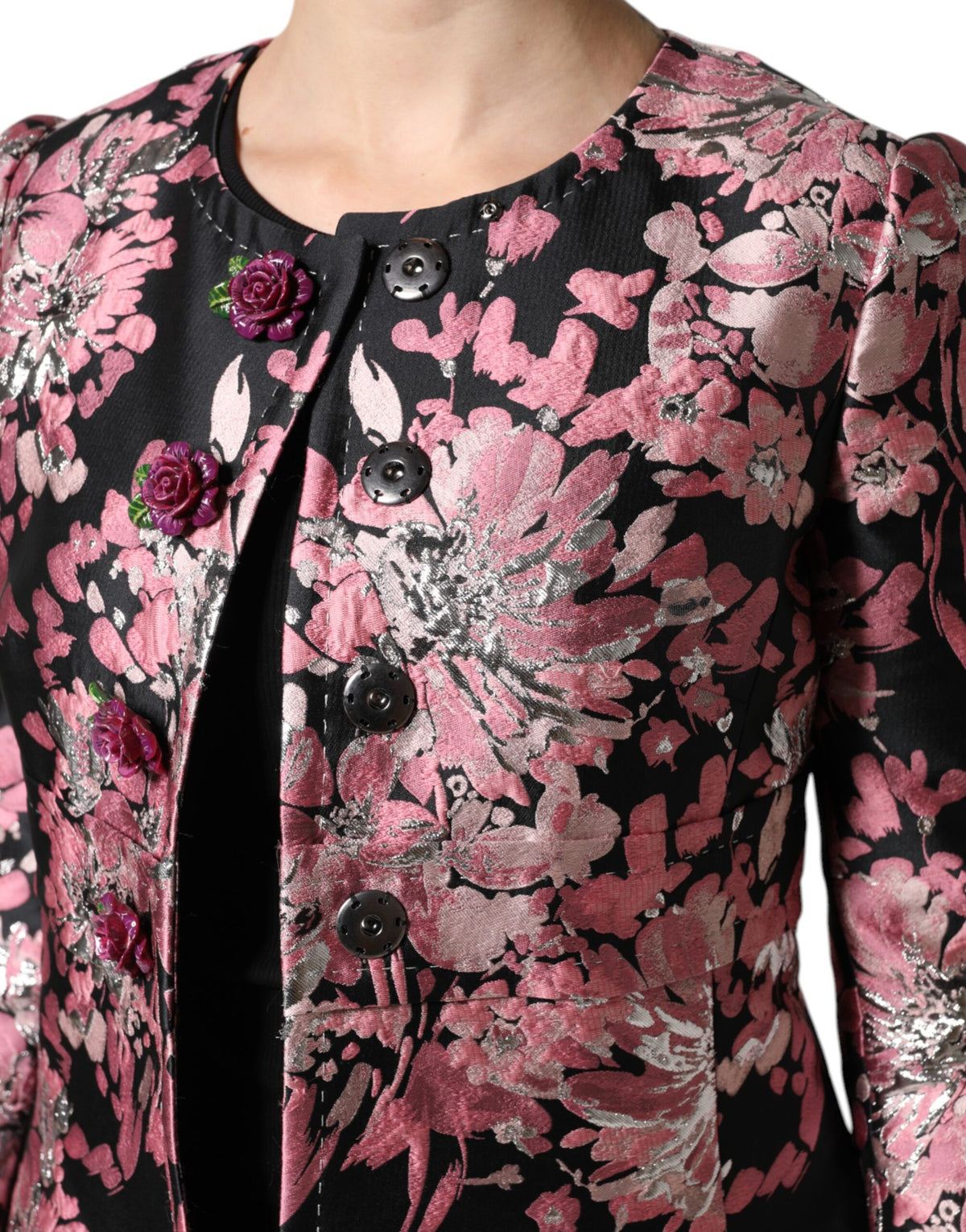 Dolce & Gabbana Pink Black Floral Brocade Trench Coat Jacket