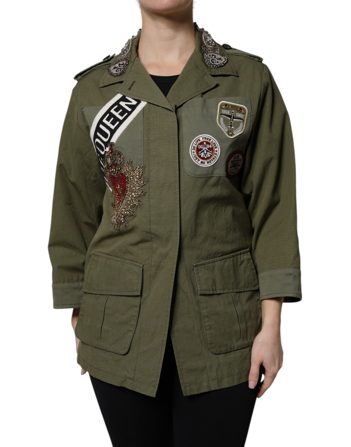 Dolce & Gabbana Military Green Ornate Coat Jacket Queen