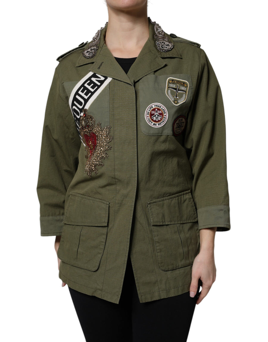 Dolce & Gabbana Military Green Ornate Coat Jacket Queen