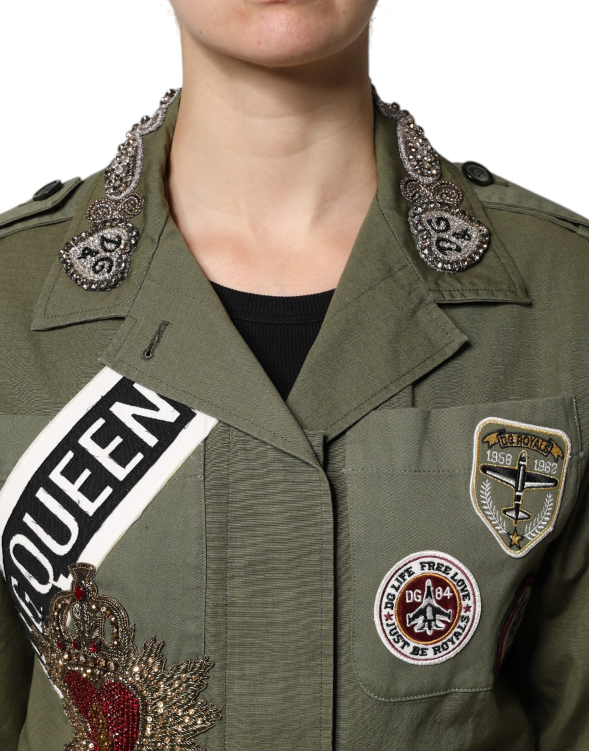 Dolce & Gabbana Military Green Ornate Coat Jacket Queen