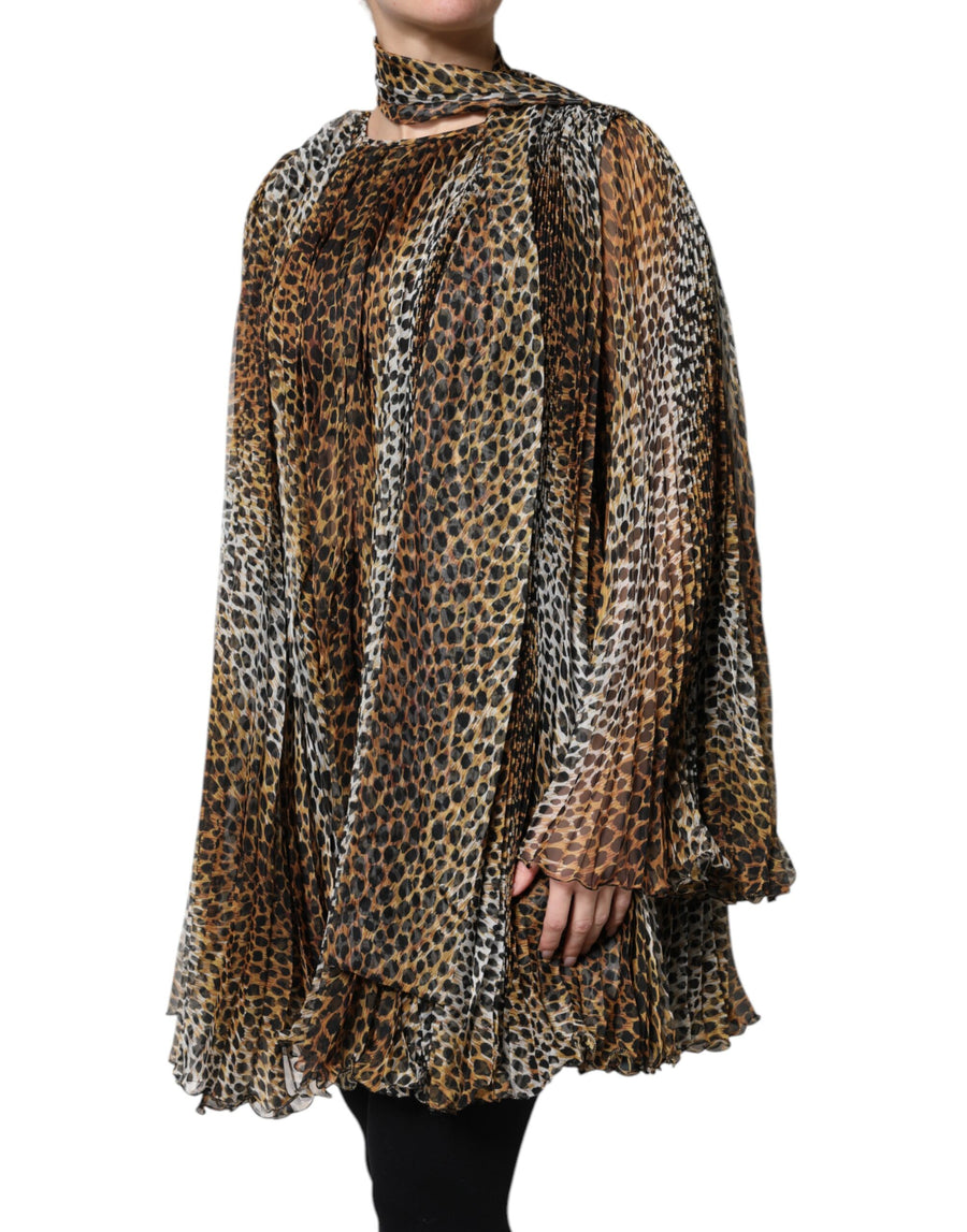 Dolce & Gabbana Brown Leopard Print Chiffon Dress with Scarf
