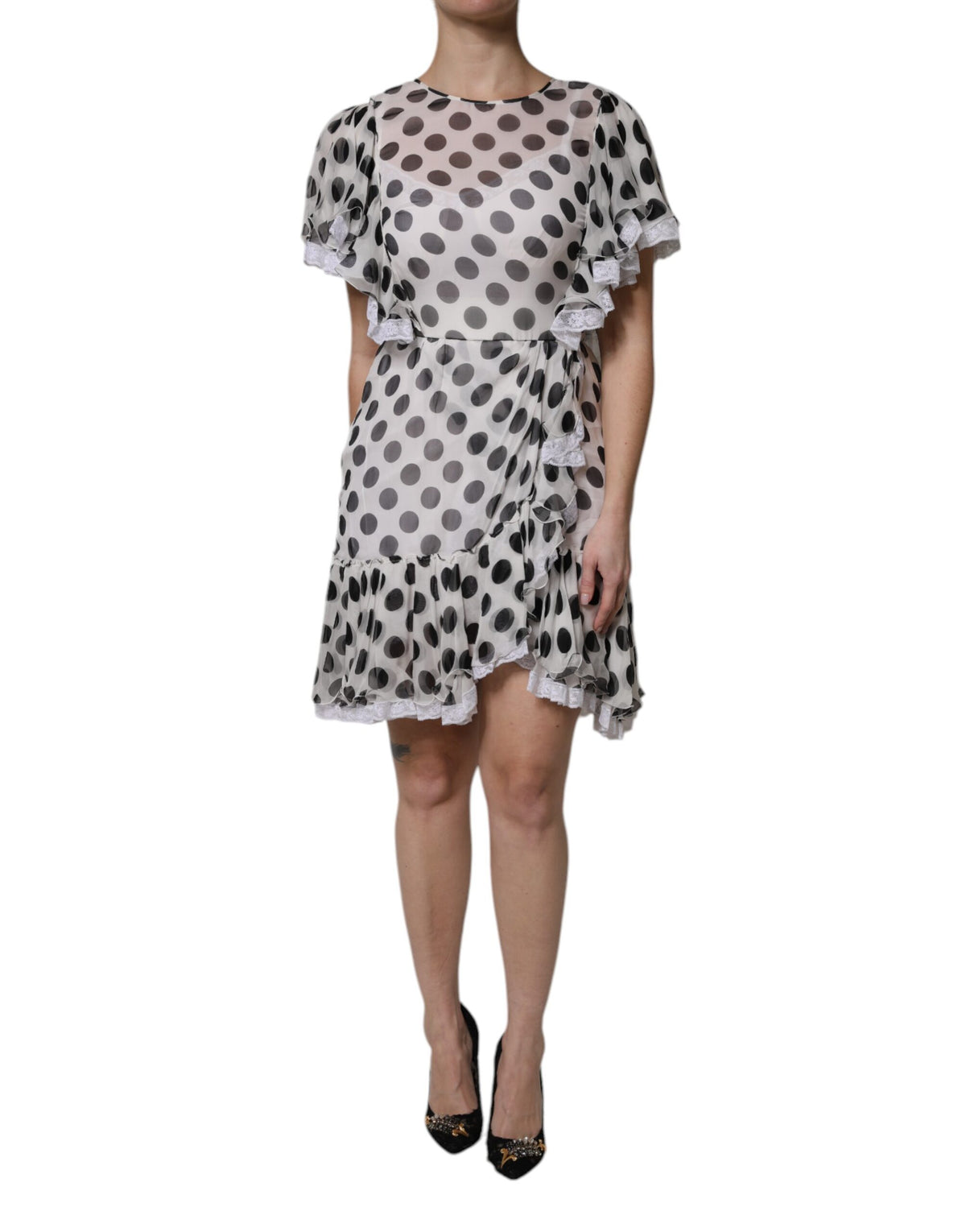 Dolce & Gabbana Weißes gepunktetes Kleid aus Seidenmischung in A-Linie