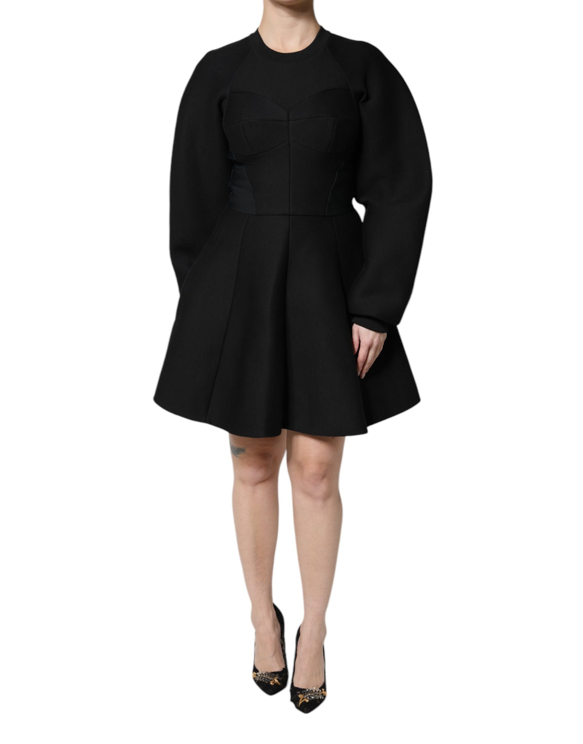Dolce & Gabbana Schwarzes Baumwoll-Minikleid mit langen Ärmeln und A-Linie