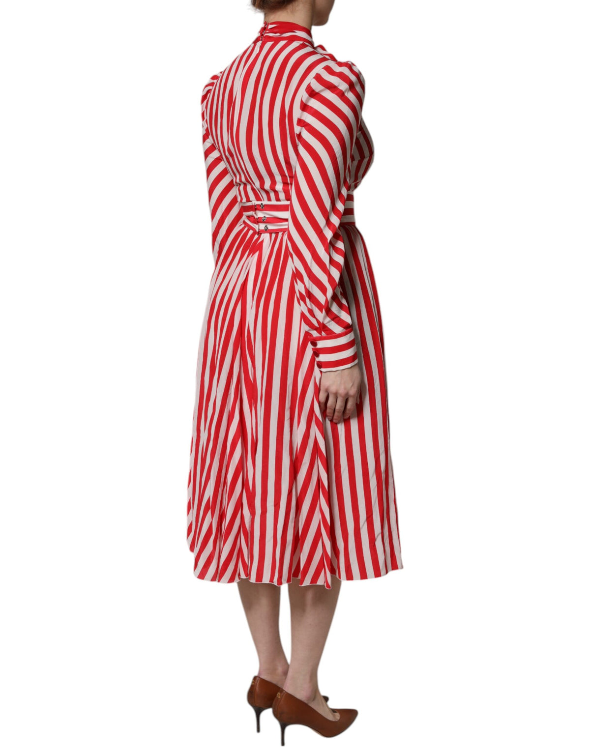 Dolce & Gabbana Weiß-rot gestreiftes Midikleid mit langen Ärmeln