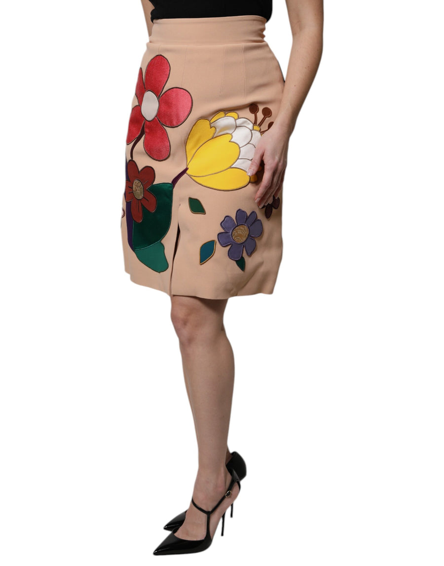 Dolce & Gabbana Beige Floral High Waist Pencil Skirt