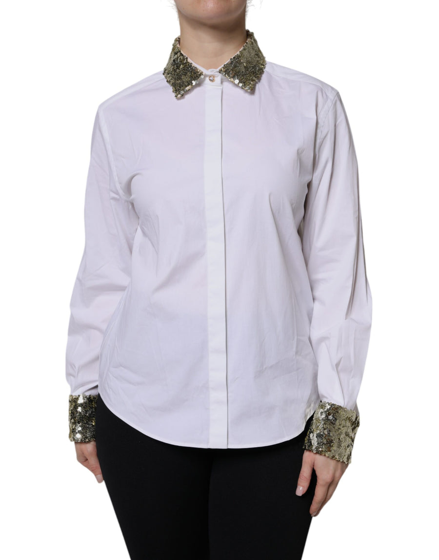 Dolce & Gabbana White Cotton Long-Sleeve Shirt with Sequins