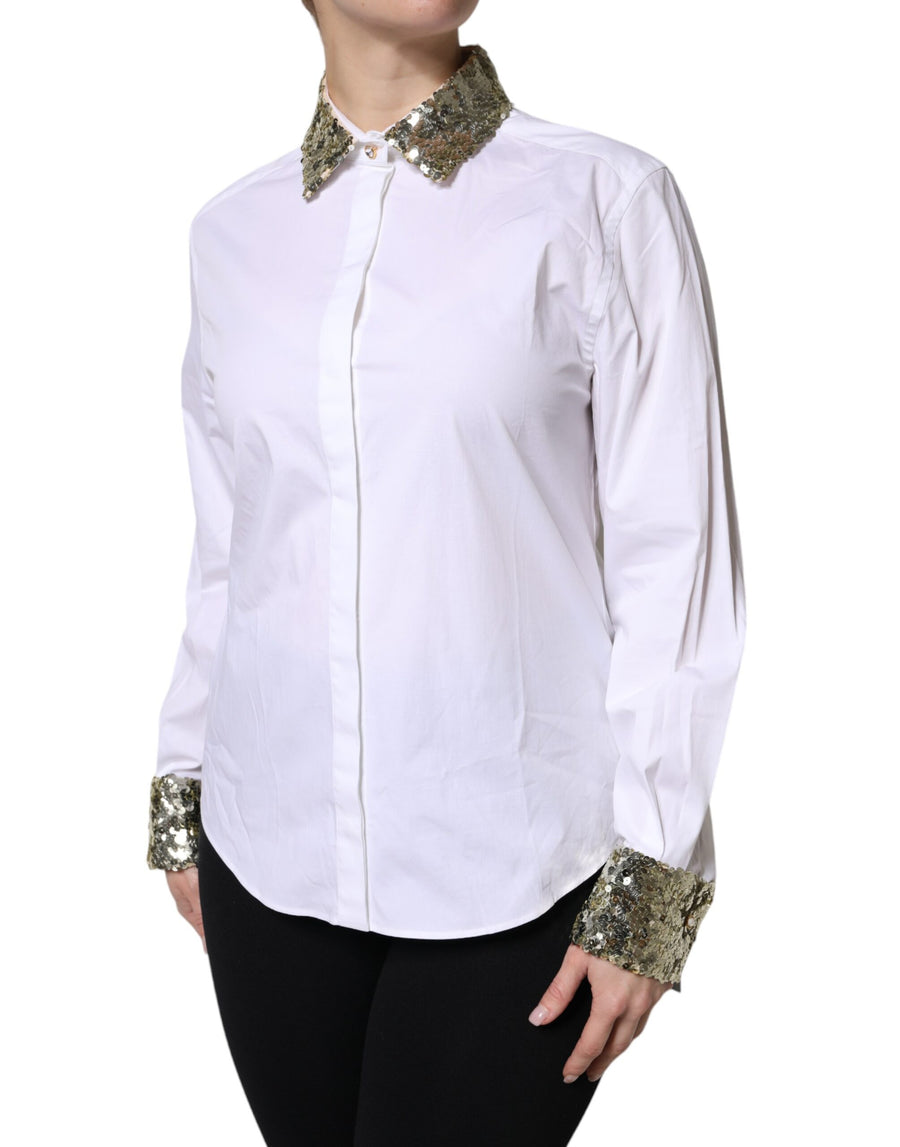 Dolce & Gabbana White Cotton Long-Sleeve Shirt with Sequins