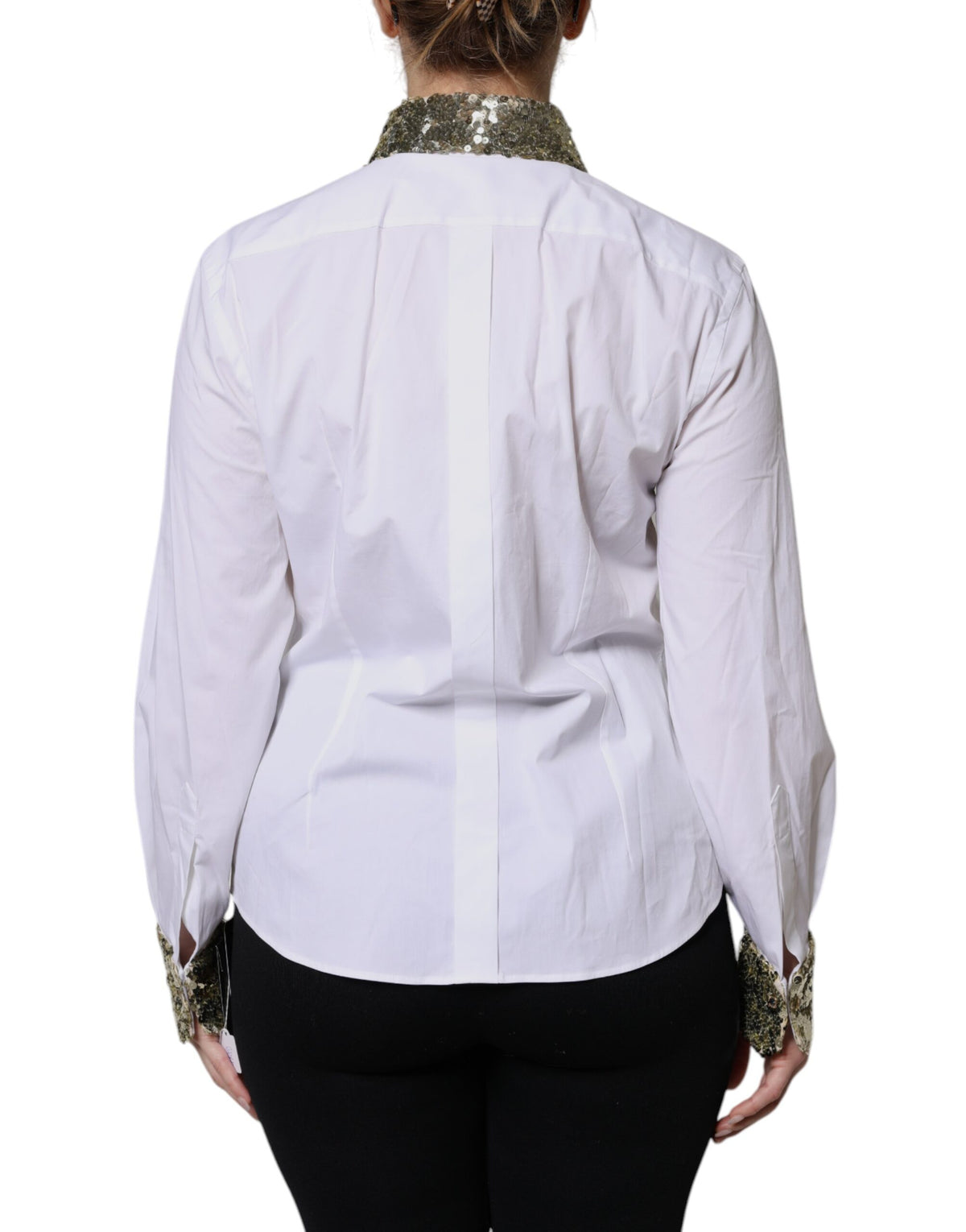 Dolce & Gabbana White Cotton Long-Sleeve Shirt with Sequins