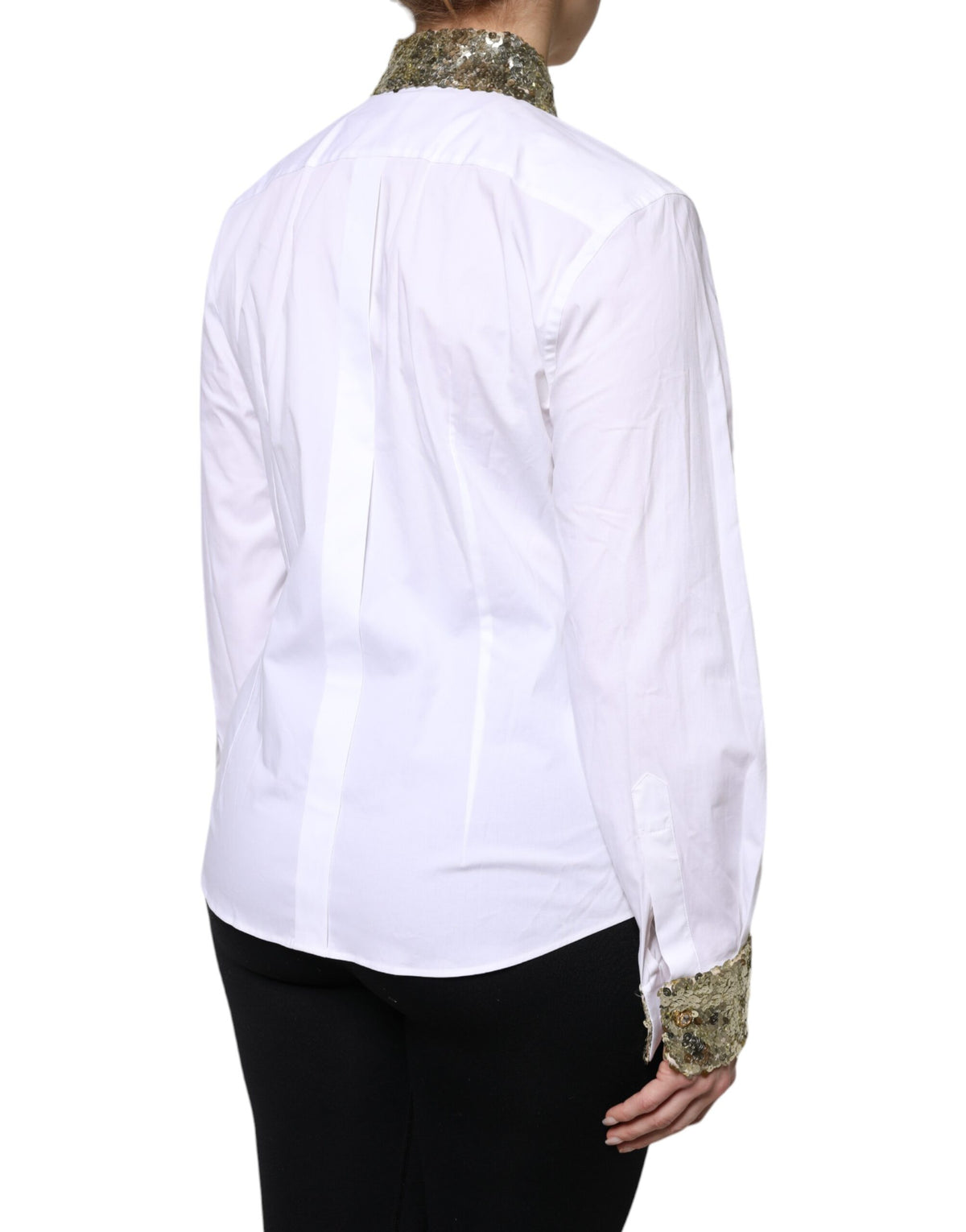 Dolce & Gabbana White Cotton Long-Sleeve Shirt with Sequins