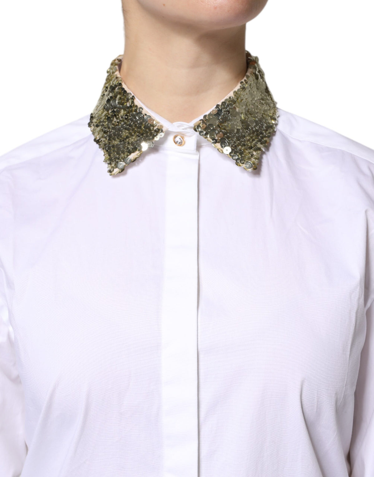 Dolce & Gabbana White Cotton Long-Sleeve Shirt with Sequins