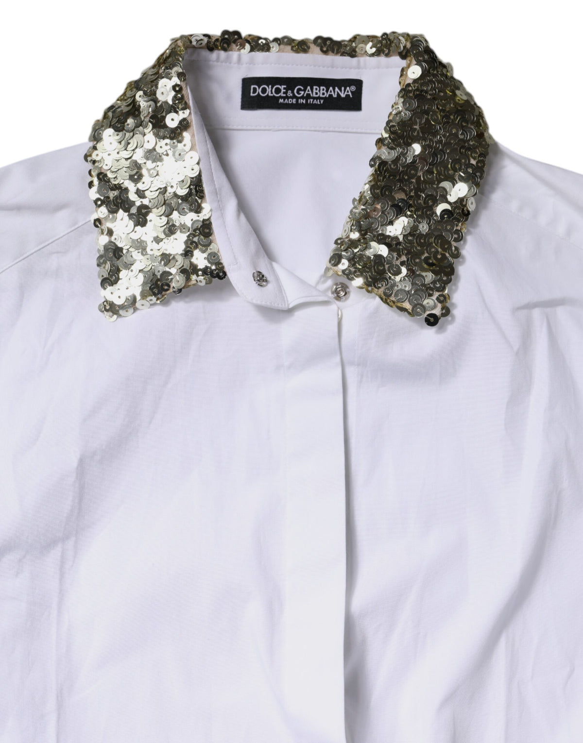 Dolce & Gabbana White Cotton Long-Sleeve Shirt with Sequins