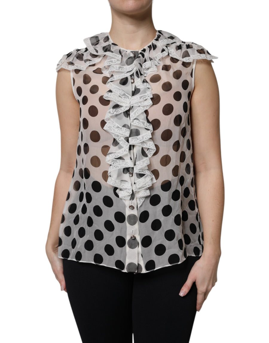 Dolce & Gabbana White and Black Polka Dot Sleeveless Cotton Top
