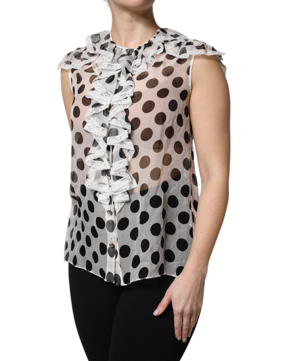 Dolce & Gabbana White and Black Polka Dot Sleeveless Cotton Top