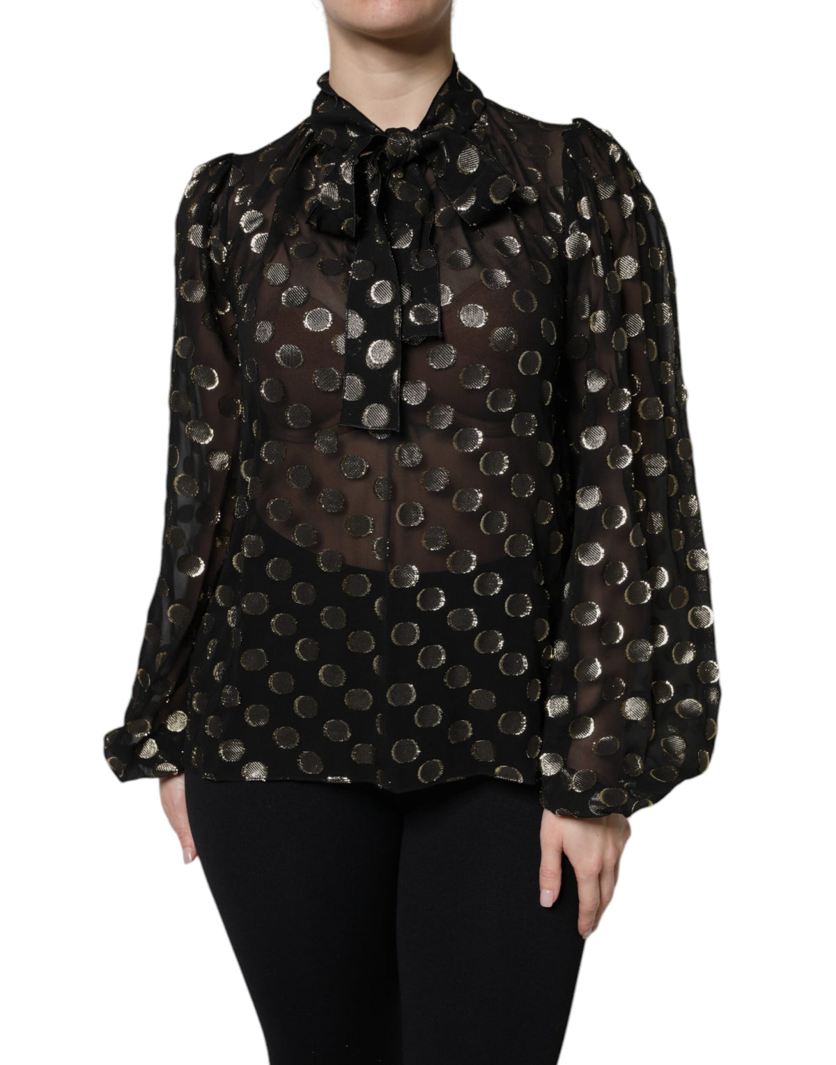 Dolce & Gabbana Black Polka Dot Lace-Up Blouse Top