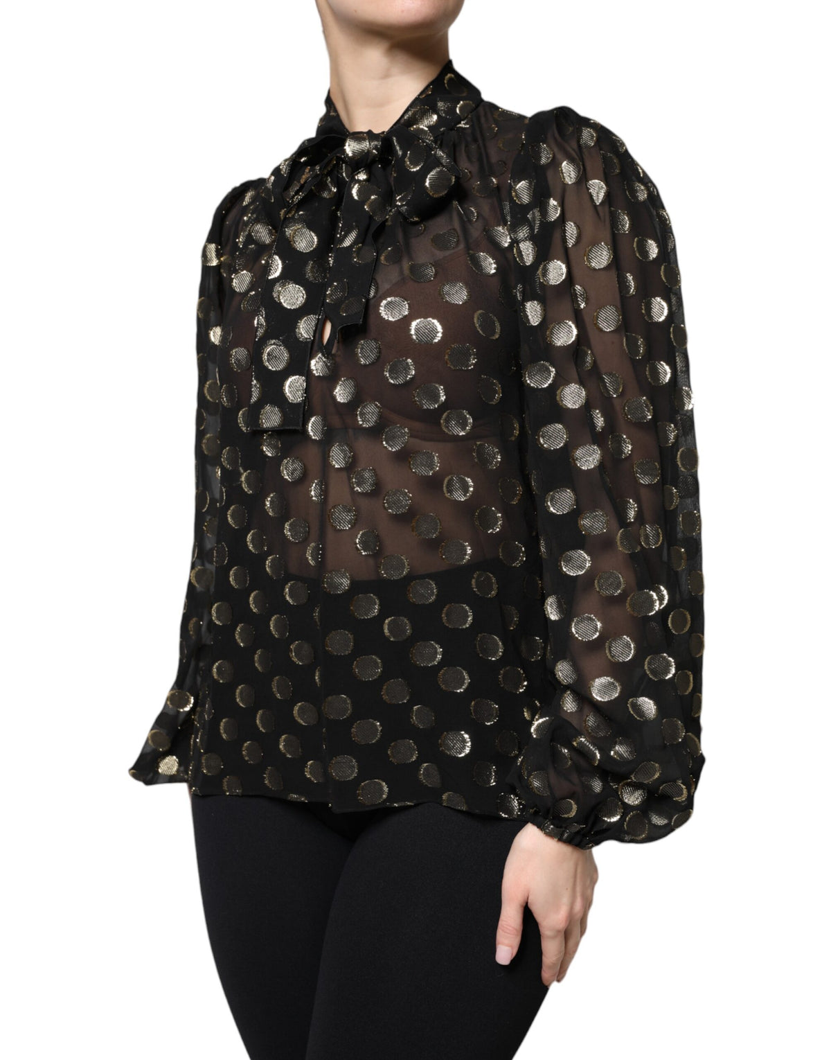 Dolce & Gabbana Black Polka Dot Lace-Up Blouse Top