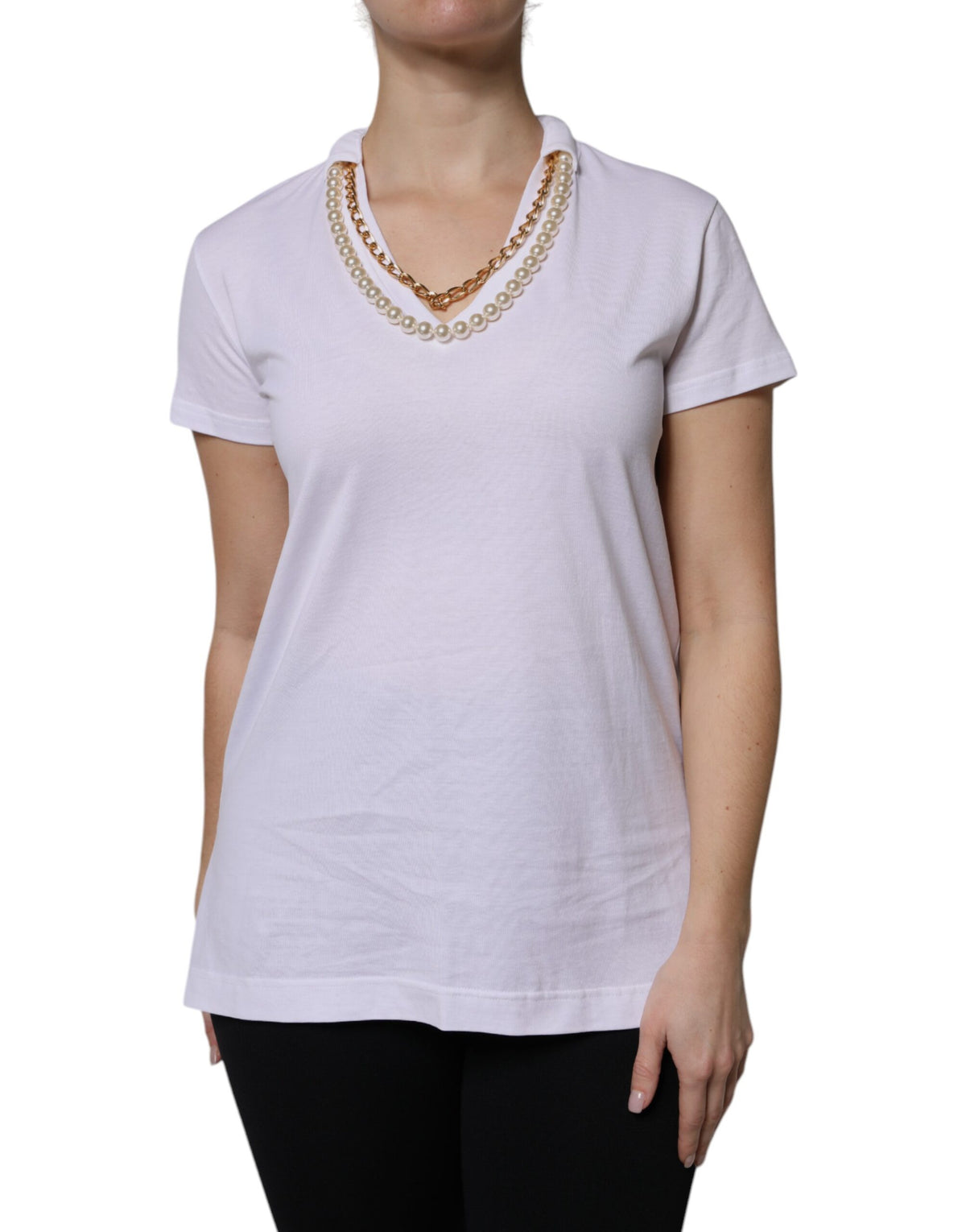 Dolce & Gabbana Weißes Baumwoll-T-Shirt mit kurzen Ärmeln und Halskette