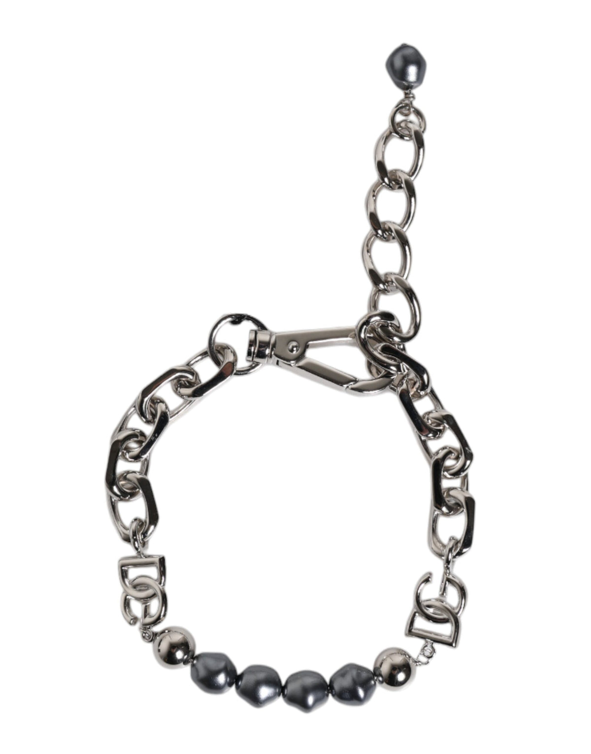 Dolce & Gabbana bracelet with silver-tone chain, lobster clasp, logo, and grey pearls