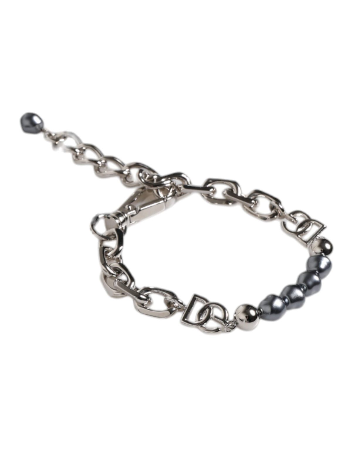 Dolce & Gabbana bracelet with silver-tone chain, lobster clasp, logo, and grey pearls