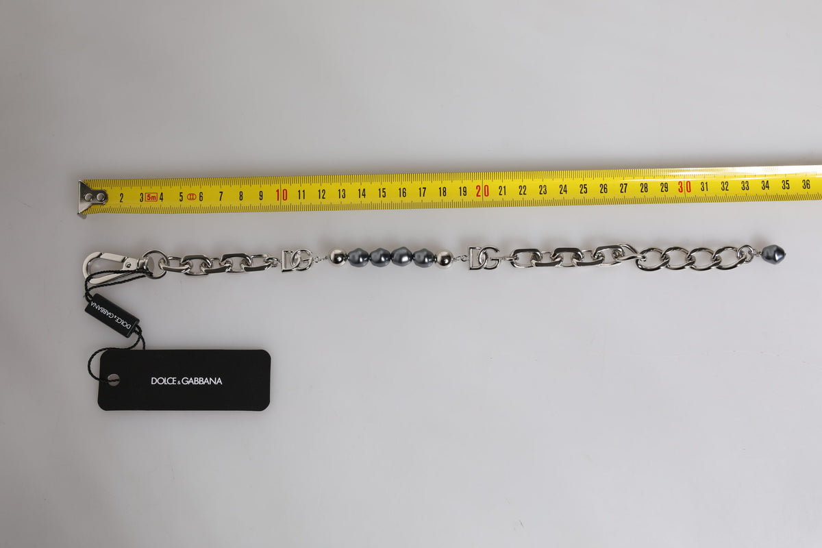 Dolce & Gabbana bracelet with silver-tone chain, lobster clasp, logo, and grey pearls