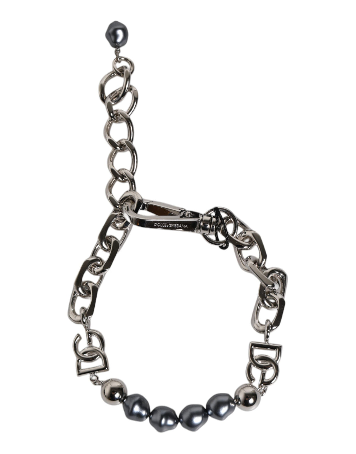 Dolce & Gabbana bracelet with silver-tone chain, lobster clasp, logo, and grey pearls
